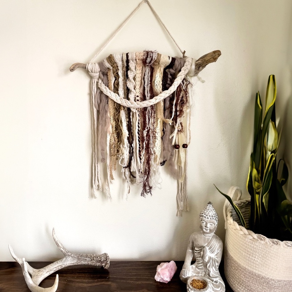 Boho Fiber Art Wall Hanging Macrame Ecru Brown Handcrafted Mixed Media Decor